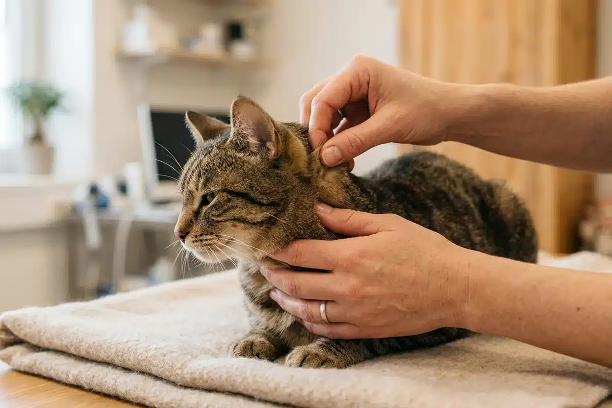 Vérifier l'hydratation d'un chat par le pli de peau Deux mains soulèvent délicatement la peau de la nuque d'un chat calme pour tester son hydratation