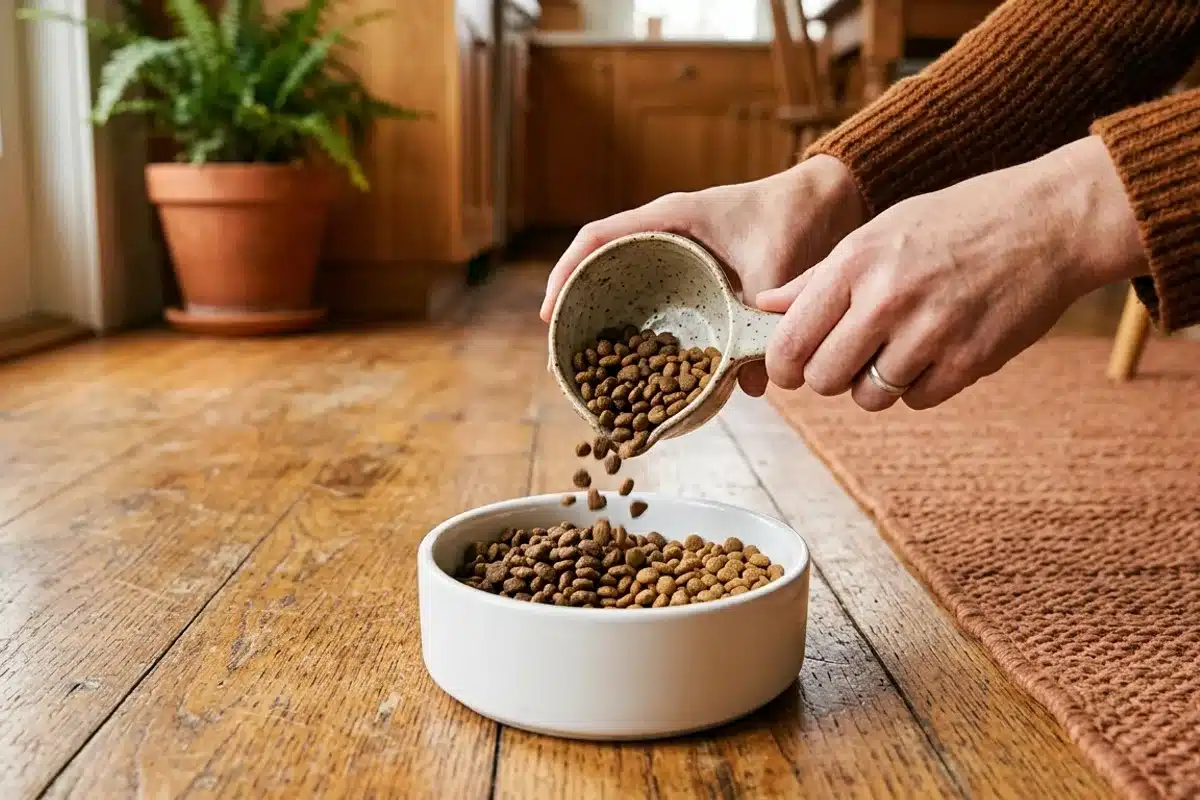 Transition alimentaire progressive pour chat Mains versant des croquettes dans un bol blanc pour chat sur parquet bois, alimentation pour prévenir la diarrhée