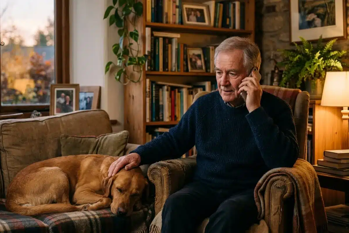 Appeler le vétérinaire en cas de doute Un propriétaire téléphone à son vétérinaire, une main posée sur son chien couché près de lui