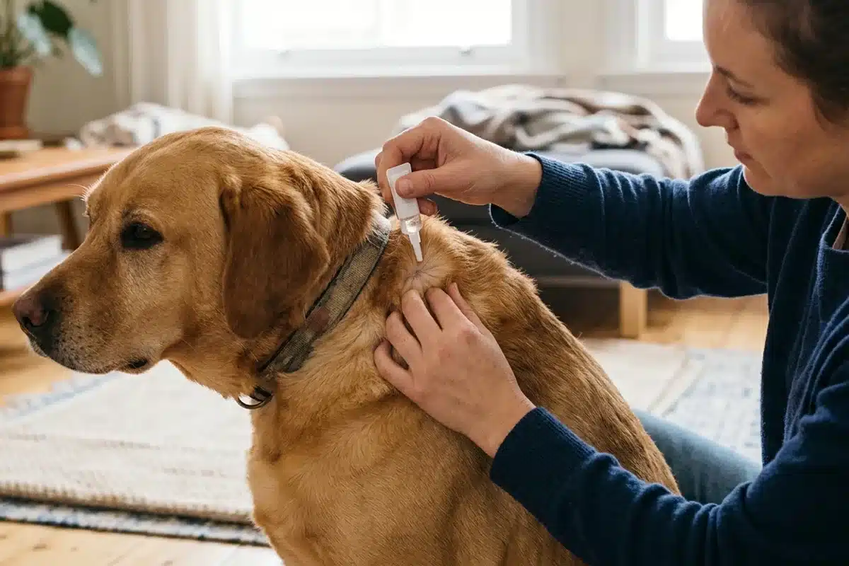 Application d'une pipette antiparasitaire spot-on sur un chien Pose d'une pipette antiparasitaire entre les omoplates d'un chien