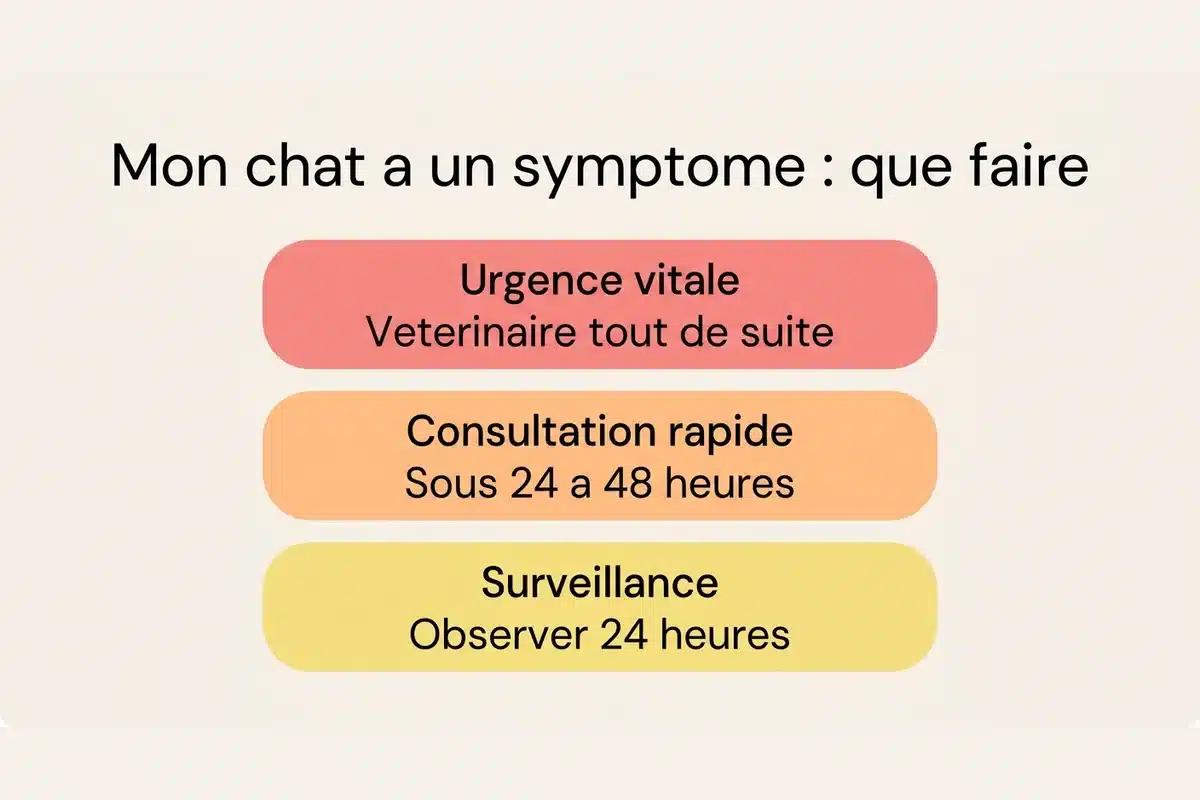 Arbre de décision : que faire selon le symptôme du chat Schéma des trois niveaux d’urgence chez le chat : urgence vitale, consultation rapide et surveillance.