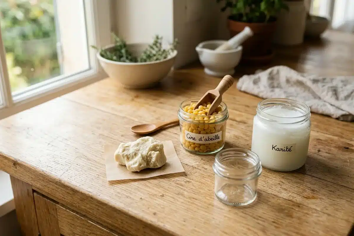 Ingrédients d’un baume maison pour coussinets de chien Beurre de karité, cire d’abeille et pot en verre pour un baume maison de coussinets