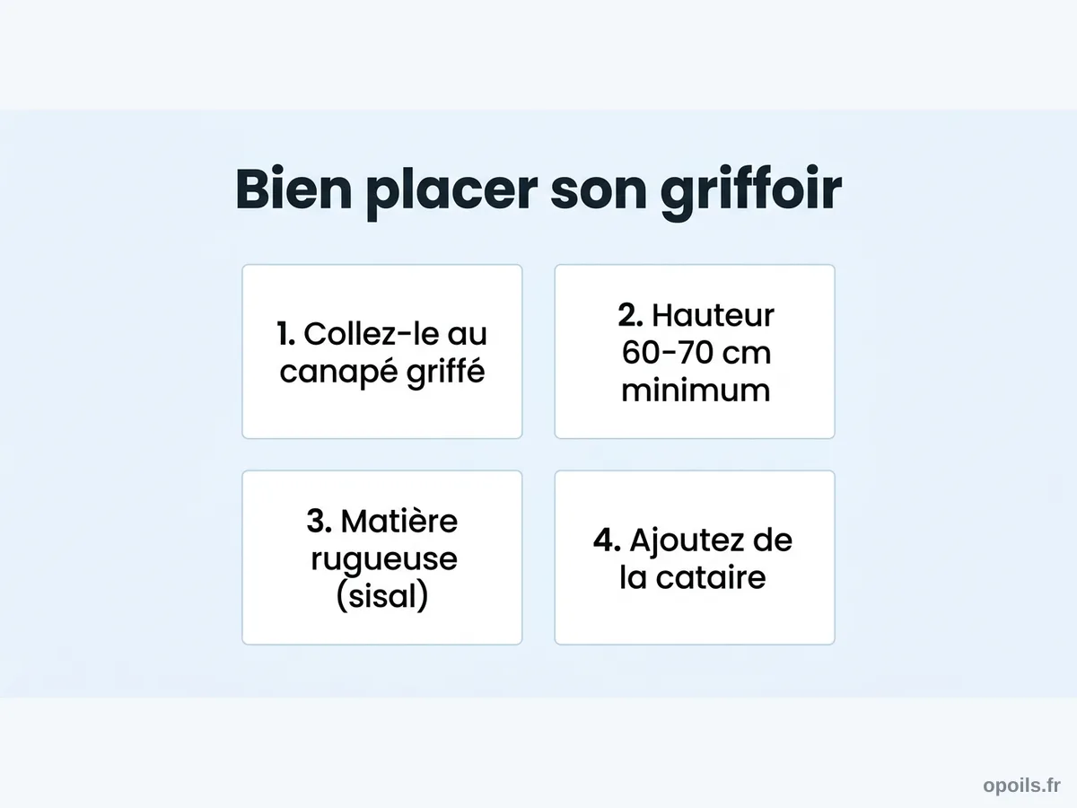 Infographie placement griffoir chat Infographie listant 4 règles pour bien placer un griffoir pour chat