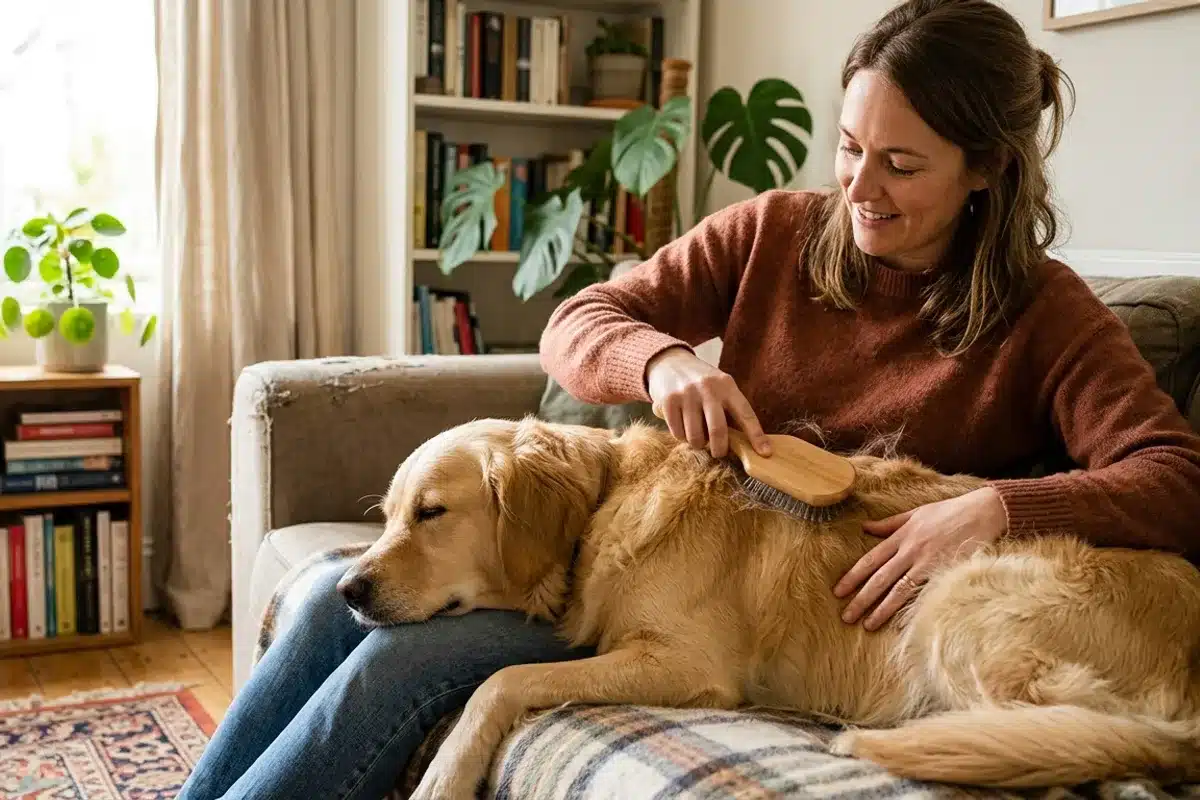 Brossage d'un chien, geste d'hygiène antiparasitaire Personne brossant le pelage d'un chien à la maison pour surveiller et prévenir les parasites
