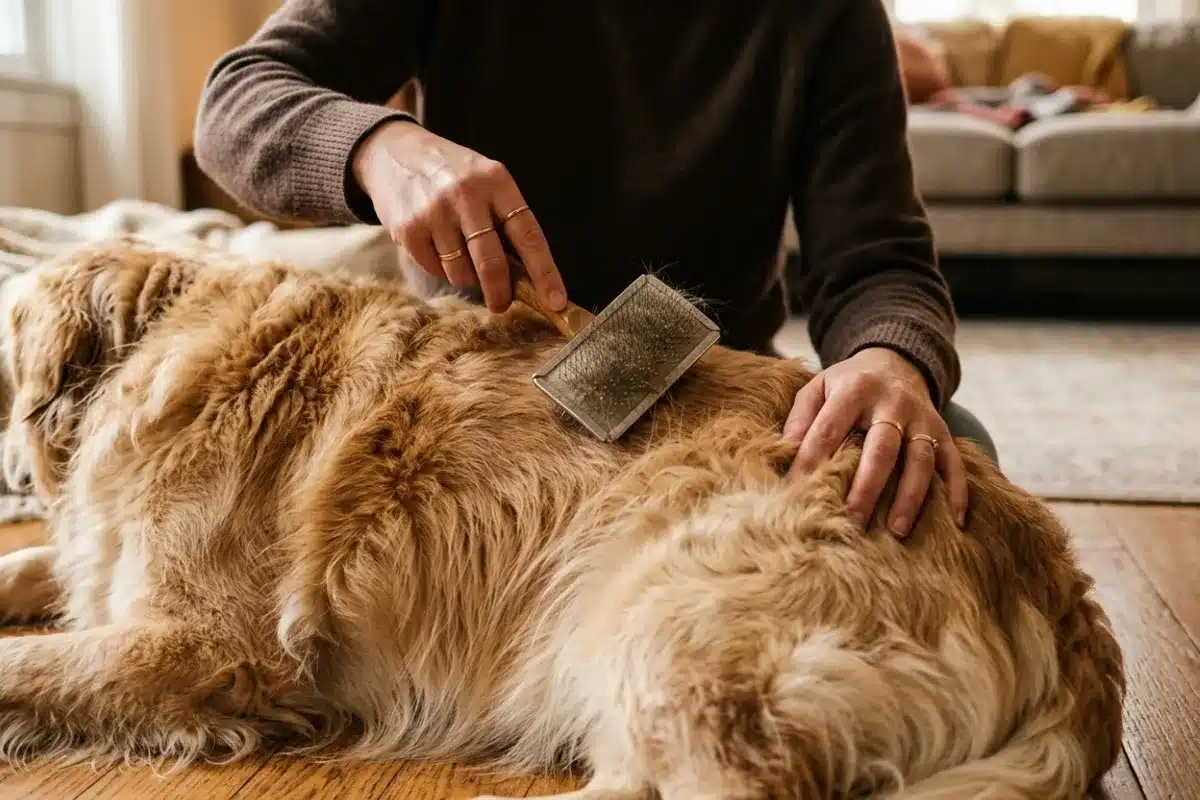 Brossage d'un chien à la maison Mains brossant le pelage long d'un chien avec une brosse carde dans un salon à la maison