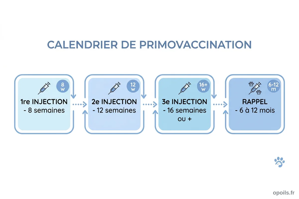 Calendrier des 3 injections de la primovaccination du chiot Schéma du calendrier de primovaccination du chiot avec les 3 injections à 8, 12 et 16 semaines et le rappel à 6-12 mois