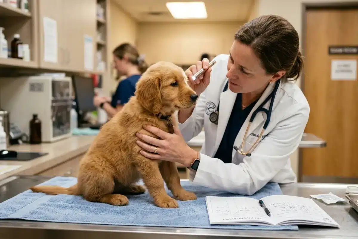 Calendrier de vaccination du chiot chez le vétérinaire Chiot en primovaccination examiné par une vétérinaire, carnet de santé ouvert