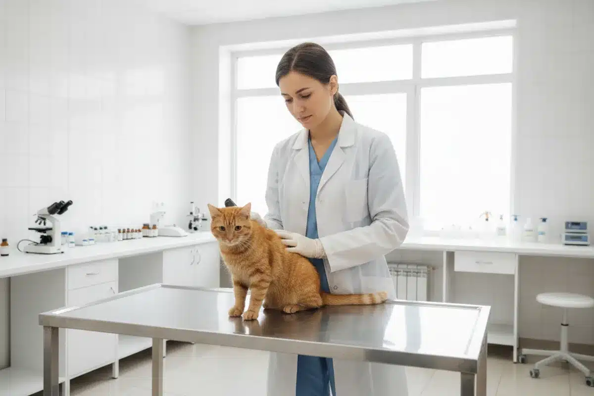 Chat mâle roux examiné par une vétérinaire avant sa castration