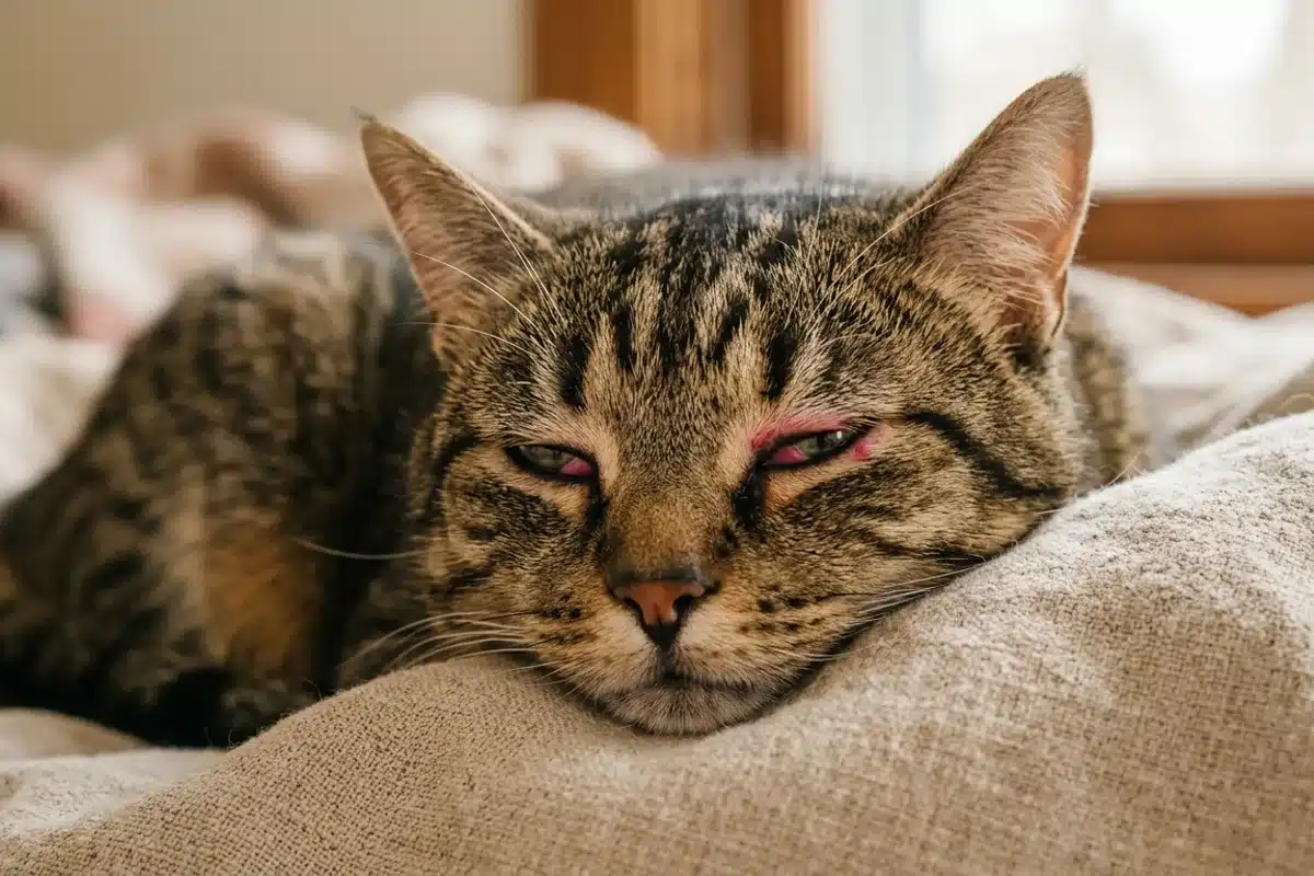Chat présentant des yeux rouges symptômes chlamydiose Gros plan d'un chat tabby aux yeux mi-clos et légèrement rougis, symptôme de conjonctivite chlamydiose