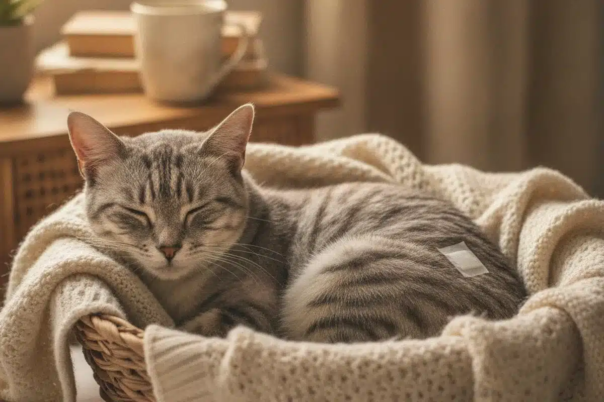 Chat au repos dans son panier après une castration chez le vétérinaire
