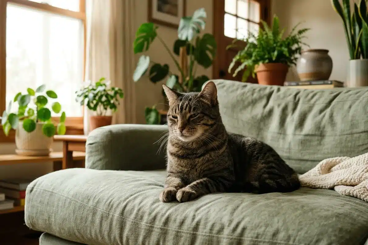 Chat tabby détendu sur un canapé vert après sa séance de coupe de griffes Chat tabby aux rayures sombres assis sur un canapé vert sauge, pattes avant détendues, lumière naturelle de fenêtre