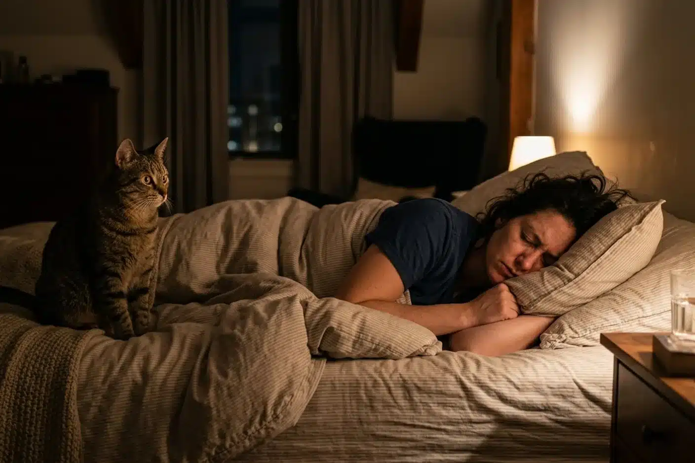 Chat et propriétaire fatigué la nuit Propriétaire épuisé dans son lit la nuit avec un chat réveillé en arrière-plan