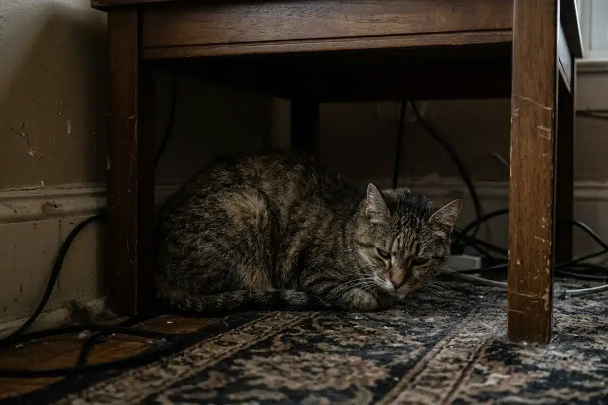 Chat prostré caché sous un meuble Chat tigré tassé et prostré sous un meuble dans un coin sombre, posture qui traduit un mal-être.