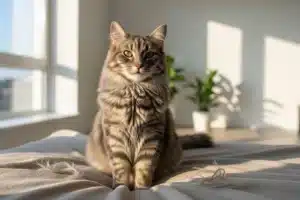 Chat tabby gris perdant ses poils sur une couverture beige dans un salon lumineux