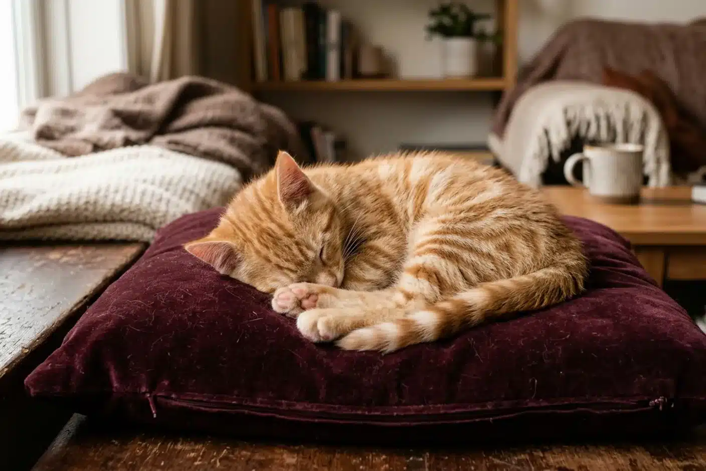 Chaton roux au repos après sa vaccination Chaton roux tigré blotti sur un coussin bordeaux illustrant la légère léthargie normale après la vaccination
