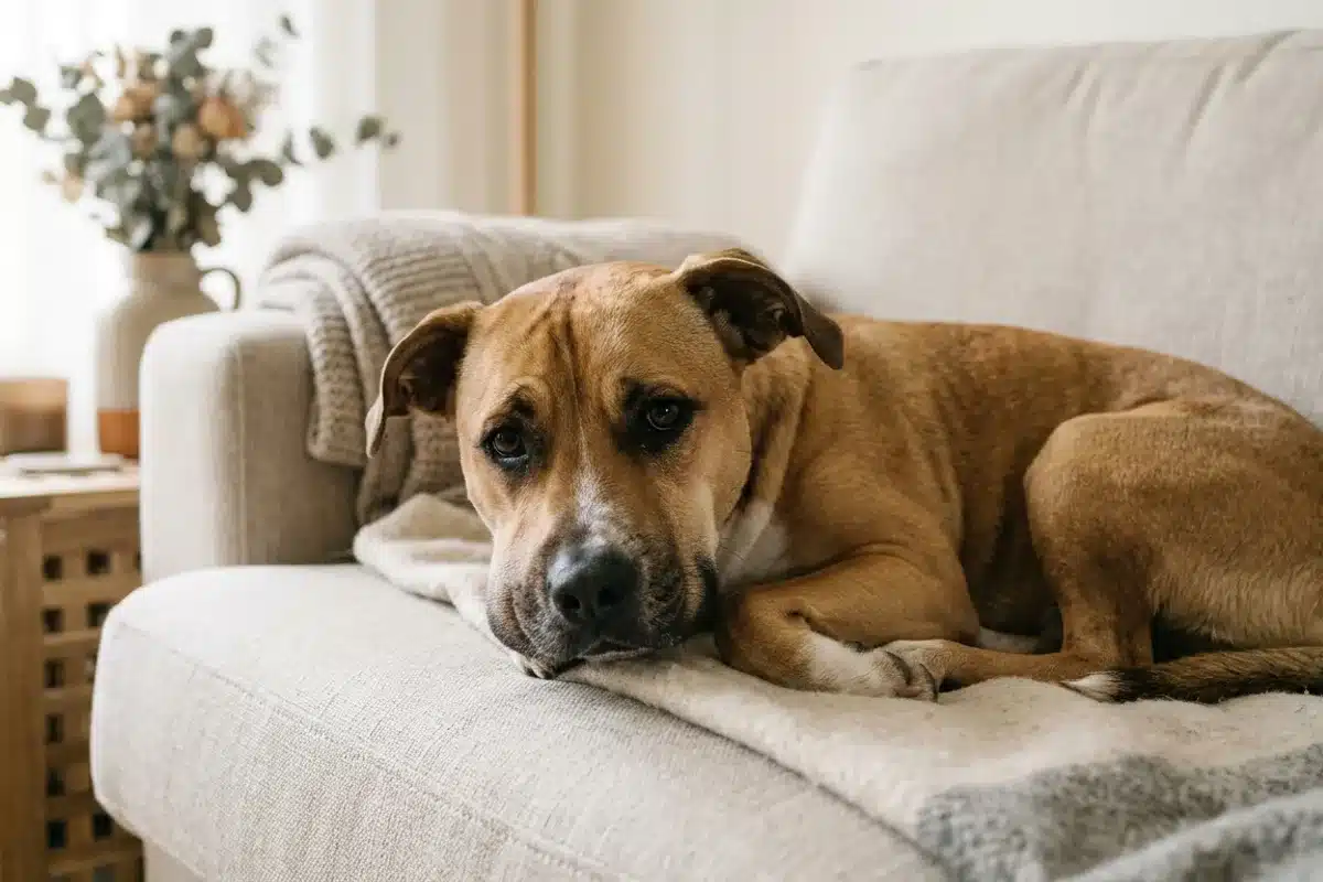 Chien fatigué et abattu allongé sur un canapé, à surveiller en cas de crise d'urticaire