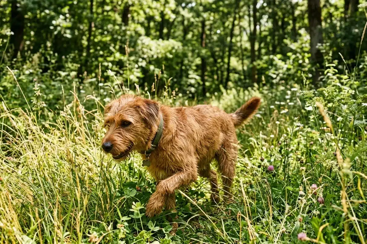 Chien en balade dans les herbes hautes, zone à risque de parasites Chien brun explorant des herbes hautes en lisière de forêt, milieu propice aux tiques et aux puces