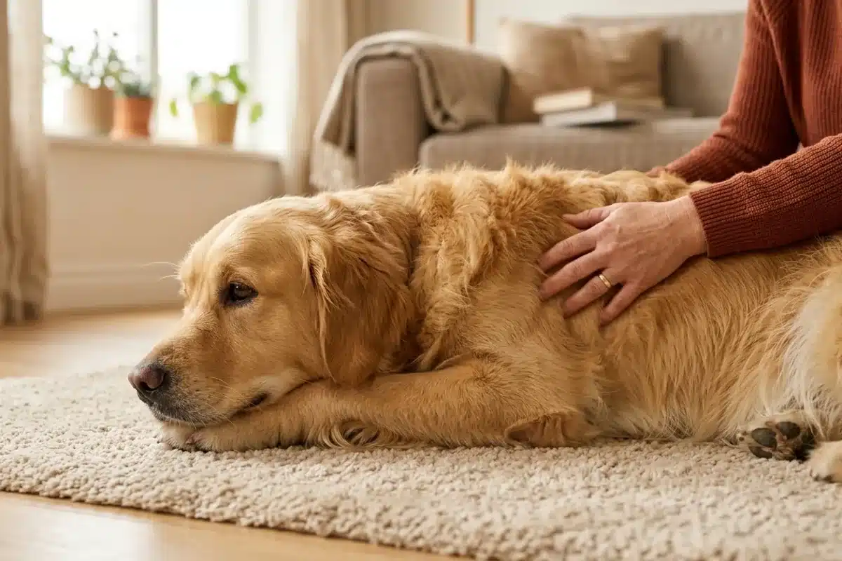 Chien au repos après une vaccination vétérinaire Golden retriever allongé sur un tapis beige dans un salon, caressé par son propriétaire après le vaccin