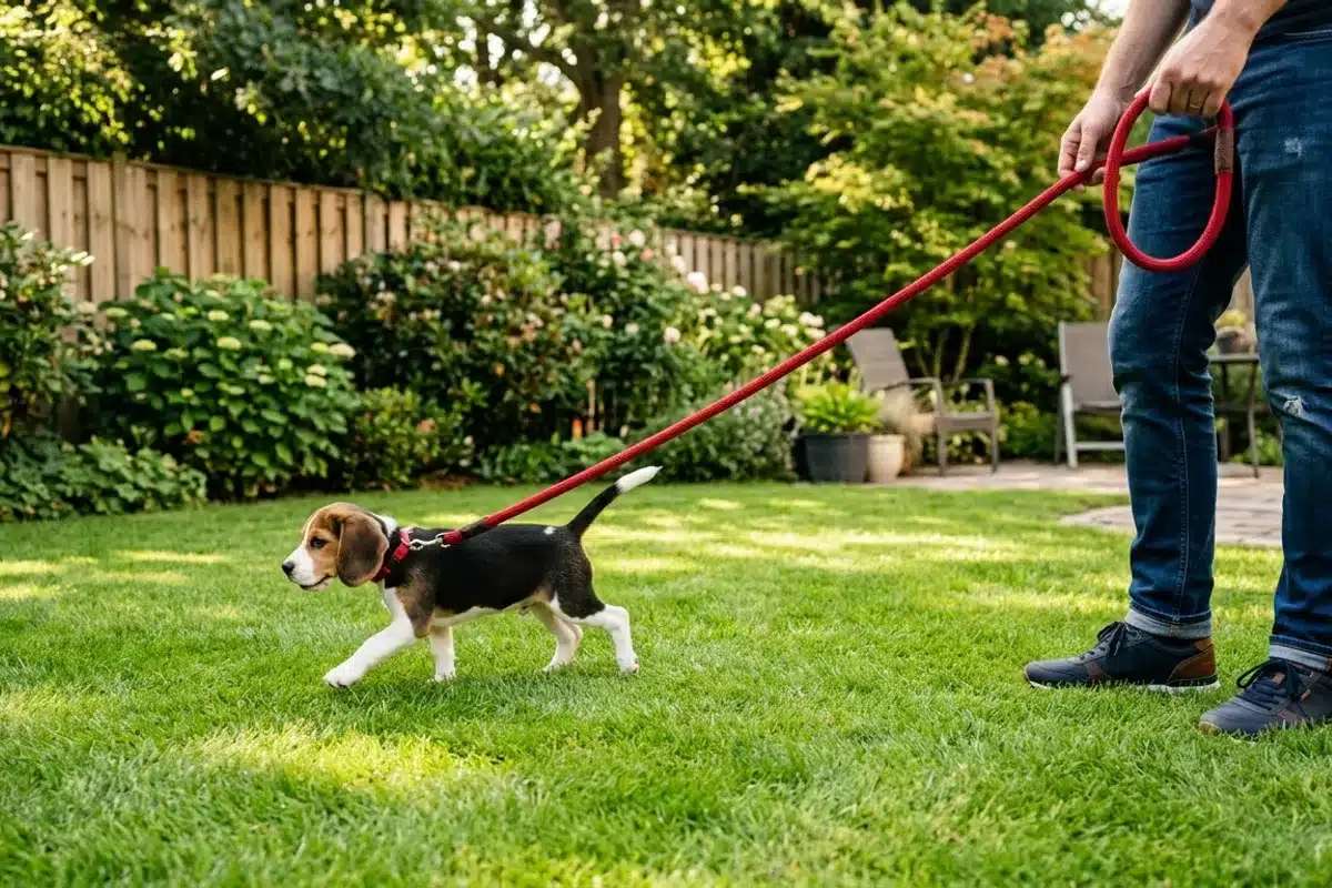 Chiot en promenade dans un jardin pendant la primovaccination Chiot beagle en laisse se promenant sur la pelouse d'un jardin privé clôturé pendant son protocole vaccinal