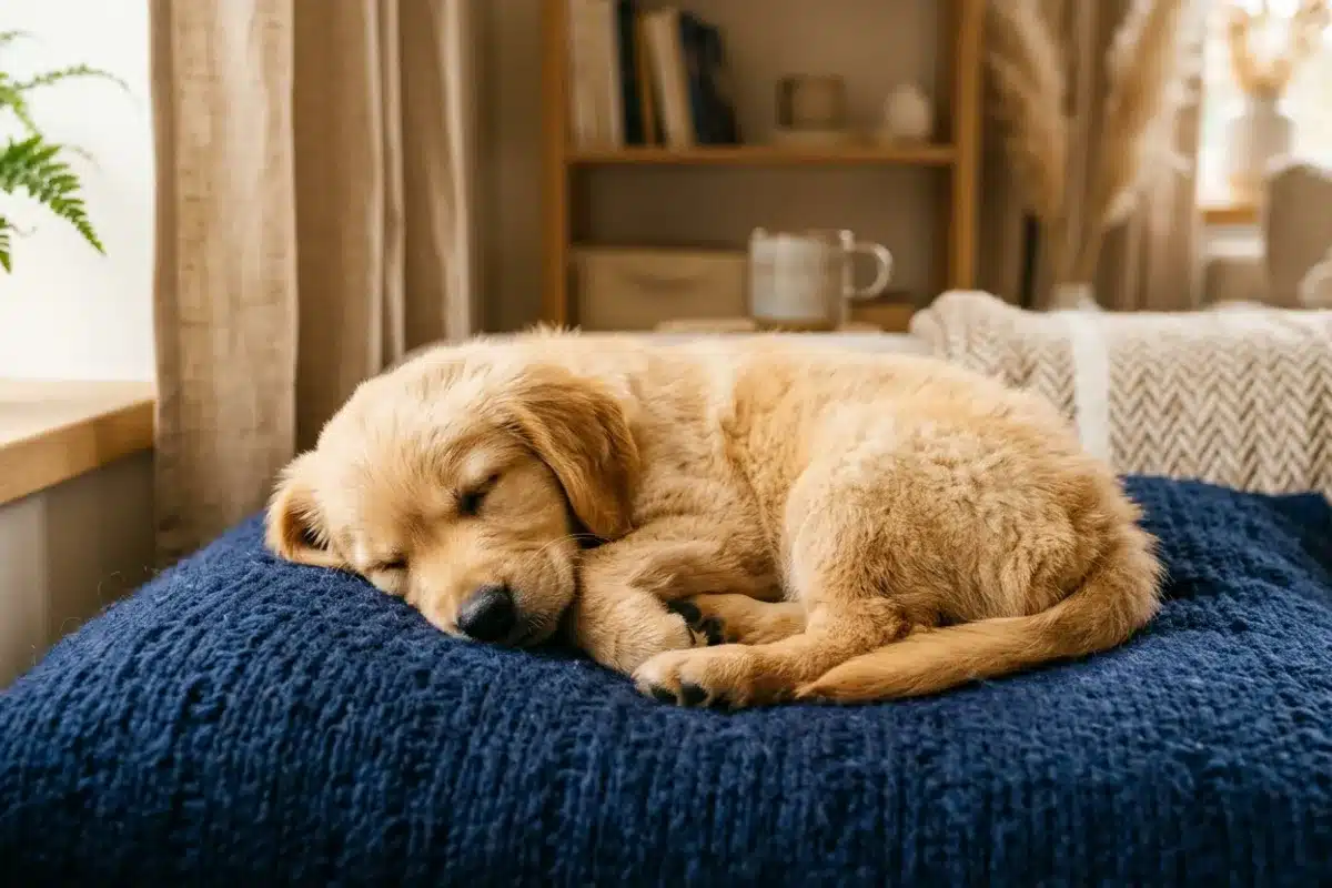 Chiot qui se repose après sa première injection vaccinale Chiot golden retriever endormi en boule sur un coussin bleu après sa première vaccination