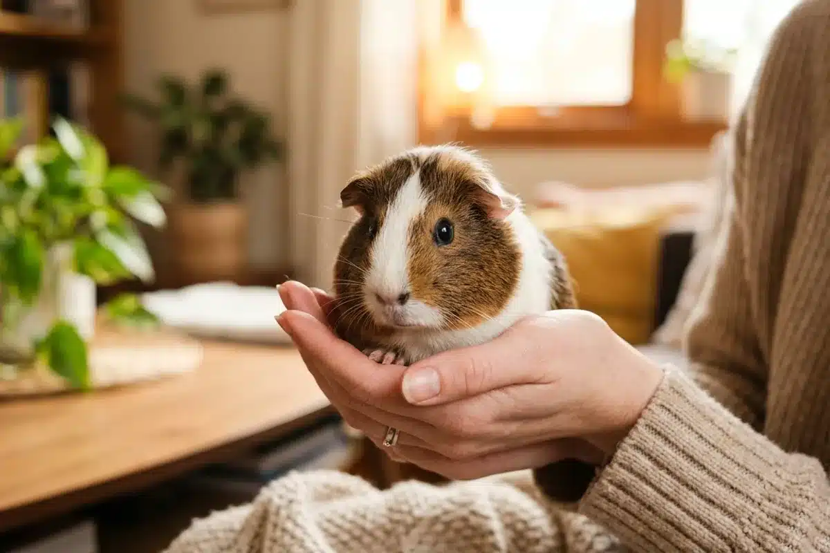 Cochon d'Inde, nouvel animal de compagnie populaire Cochon d'Inde tenu dans les mains, rongeur emblematique des nouveaux animaux de compagnie