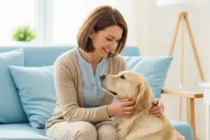Femme caressant son golden retriever dans son salon, comparatif assurance animaux