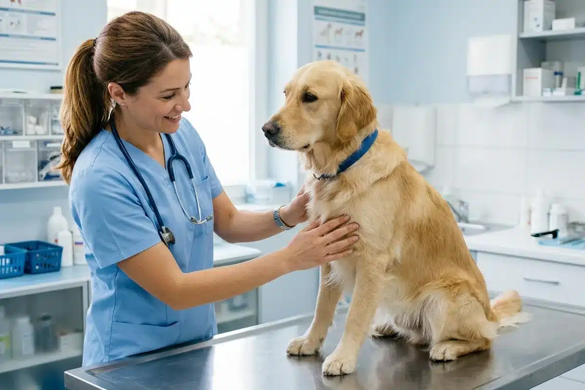 Vétérinaire examinant la peau d'un chien lors d'une consultation pour urticaire