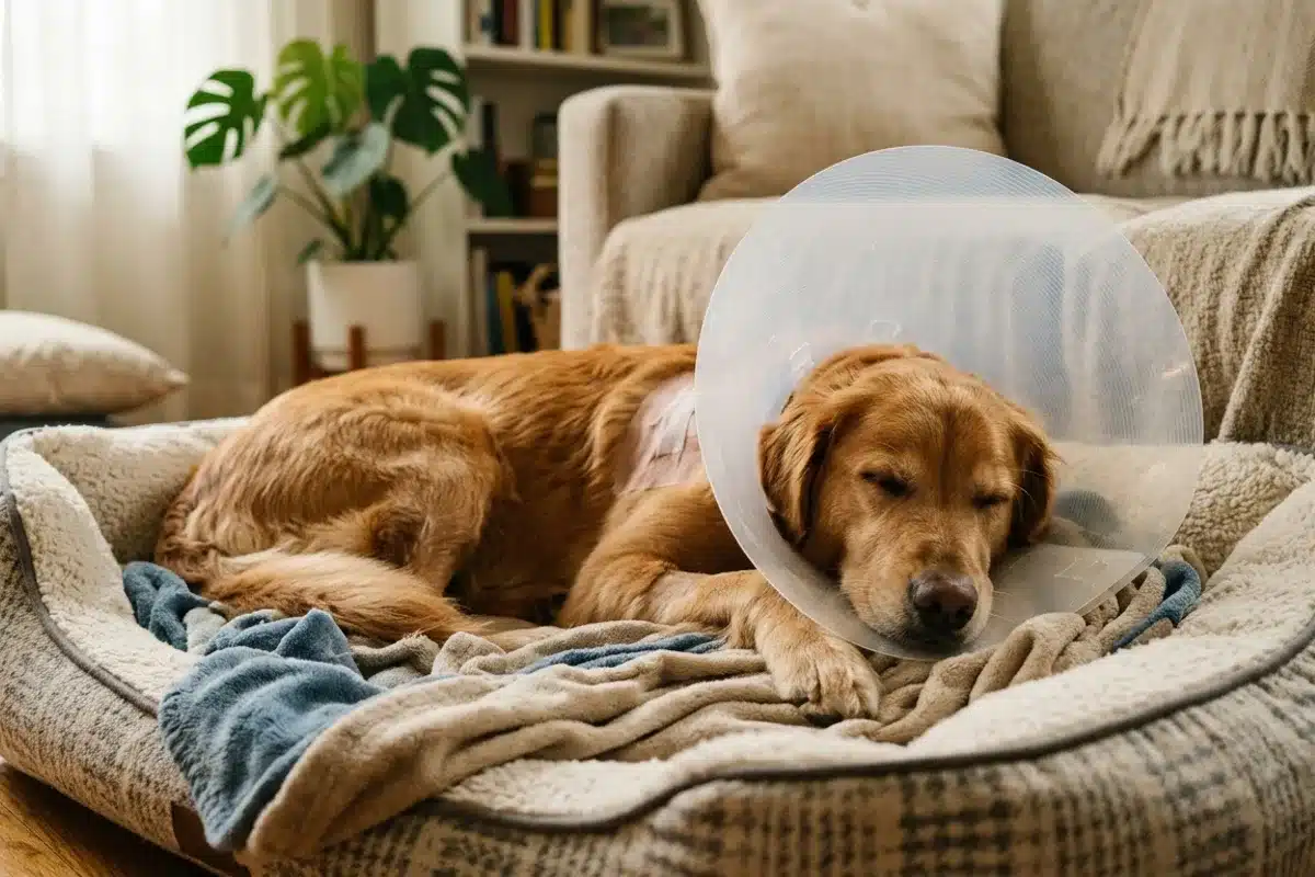 Convalescence de la chienne stérilisée Chien portant une collerette de protection se repose dans son panier à la maison