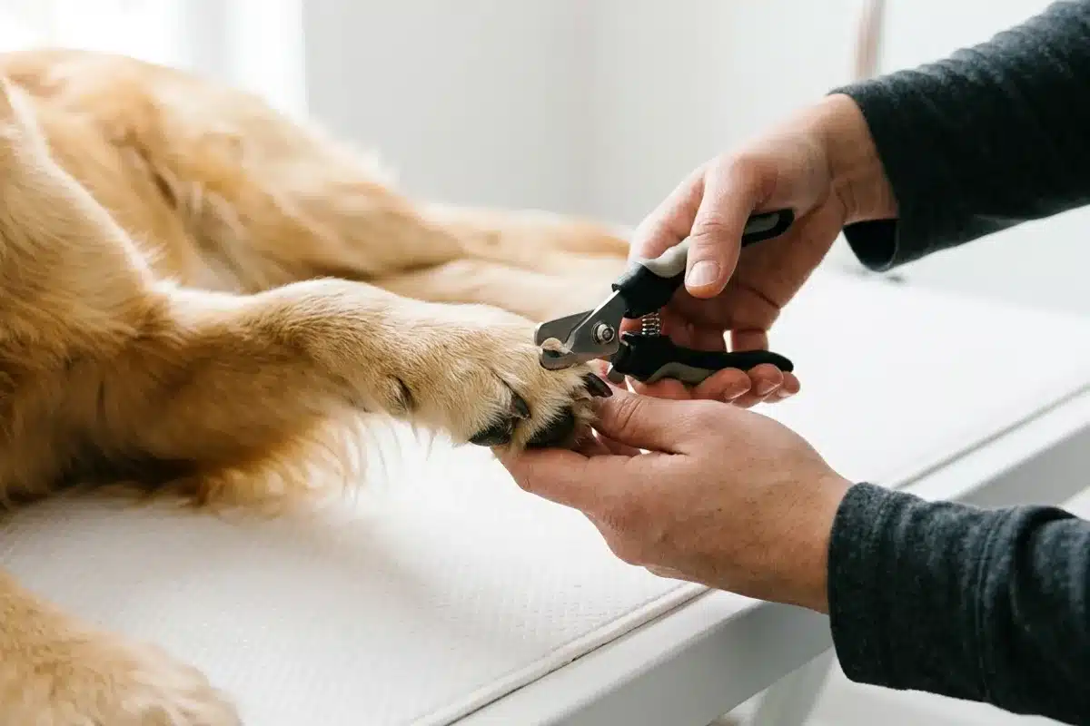 Technique de coupe des griffes d'un chien main tenant un coupe-griffes pour couper la griffe d'un chien golden retriever sur table de toilettage