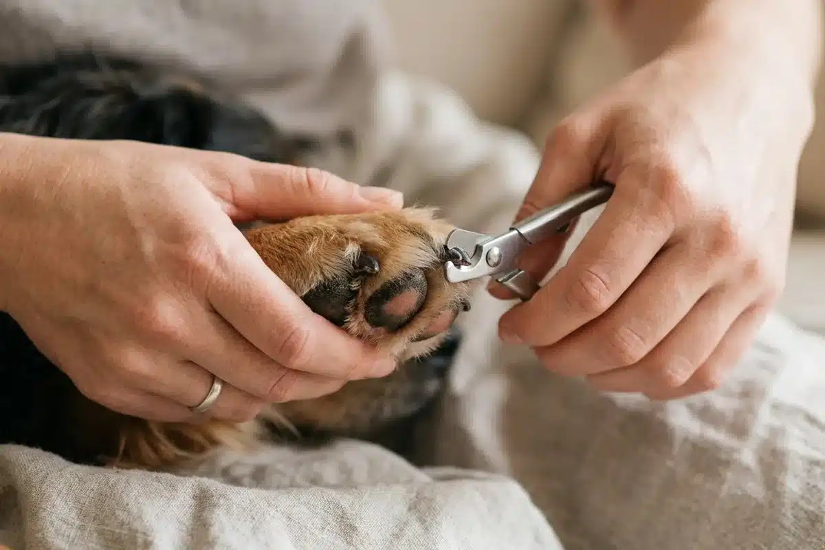 Coupe des griffes d'un chien Mains coupant délicatement une griffe de la patte d'un chien avec un coupe-griffes