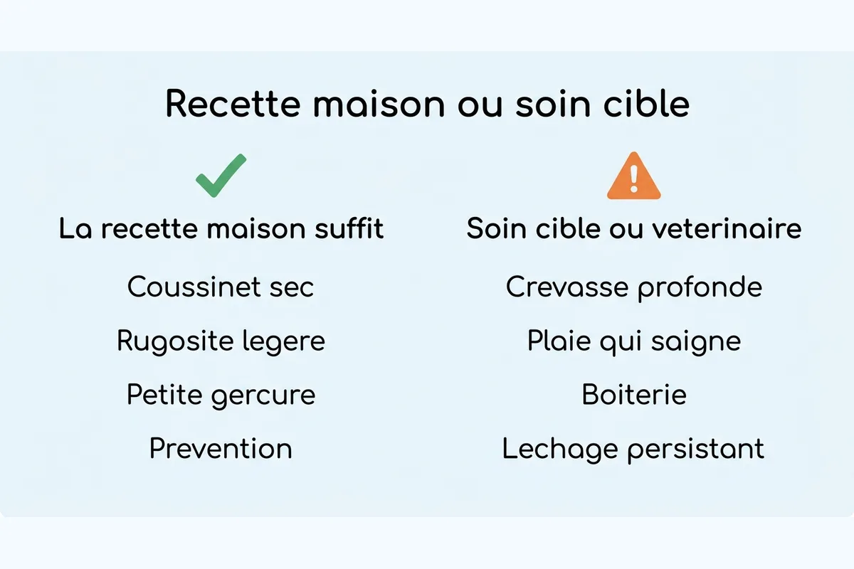 Coussinet de chien : recette maison ou soin ciblé Grille de décision comparant les cas où la recette maison suffit et ceux nécessitant un soin ciblé ou un vétérinaire