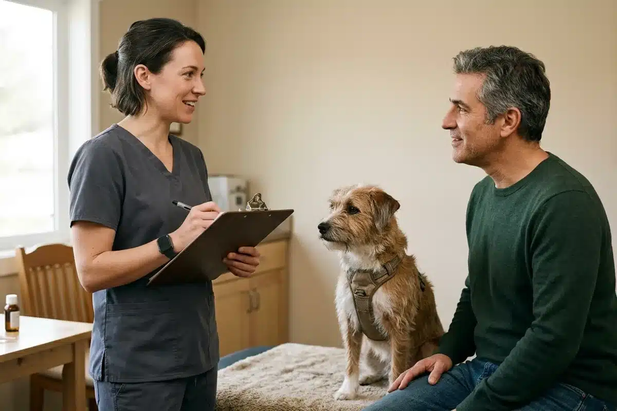 Coût de la stérilisation en consultation Vétérinaire échange avec le propriétaire d'un chien lors d'une consultation en clinique