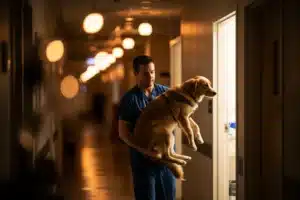 Vétérinaire porte un chien vers une salle de soins d'urgence éclairée, la nuit