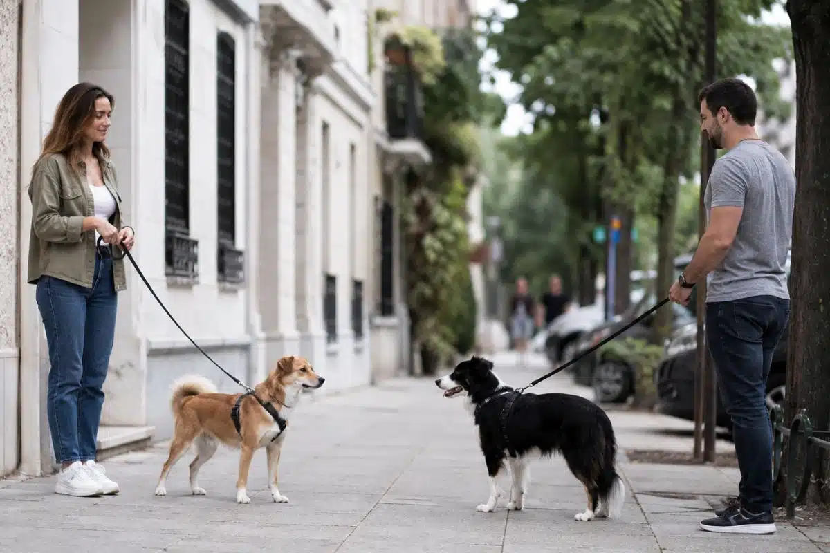Deux promeneurs et leurs chiens en harnais se faisant face calmement en ville, rencontre en laisse maîtrisée