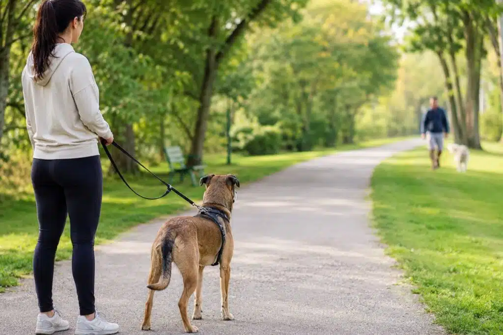 Femme tenant son chien en laisse sur un chemin de parc, un autre promeneur et son chien approchant au loin
