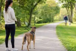 Femme tenant son chien en laisse sur un chemin de parc, un autre promeneur et son chien approchant au loin