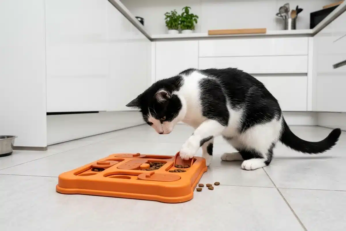 Gamelle puzzle pour chat, zone alimentation enrichie Chat noir et blanc utilisant une gamelle distributrice puzzle orange sur carrelage clair de cuisine