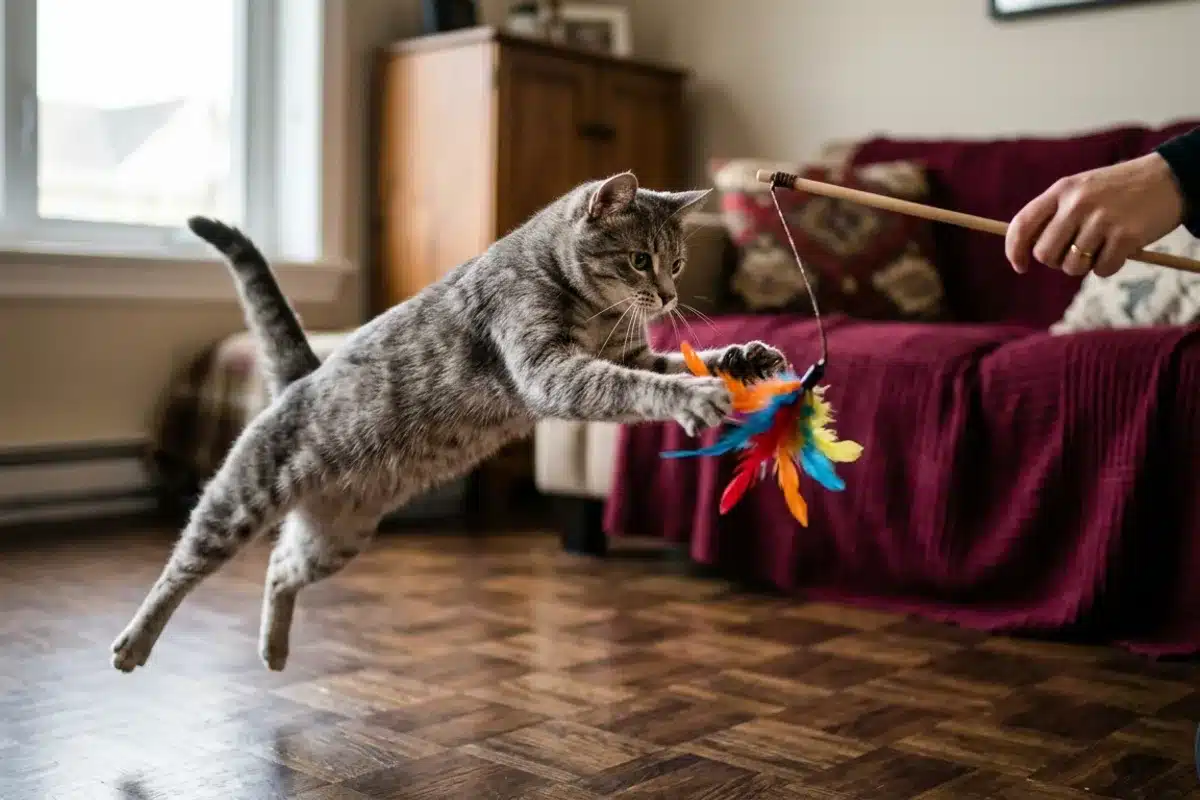 Session de jeu interactif avec chat et canne à pêche Chat gris tigré bondissant vers une canne à pêche à plumes dans un salon au parquet sombre