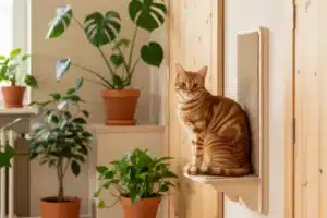 Chat tigré roux assis sur un griffoir mural en sisal dans un intérieur scandinave clair