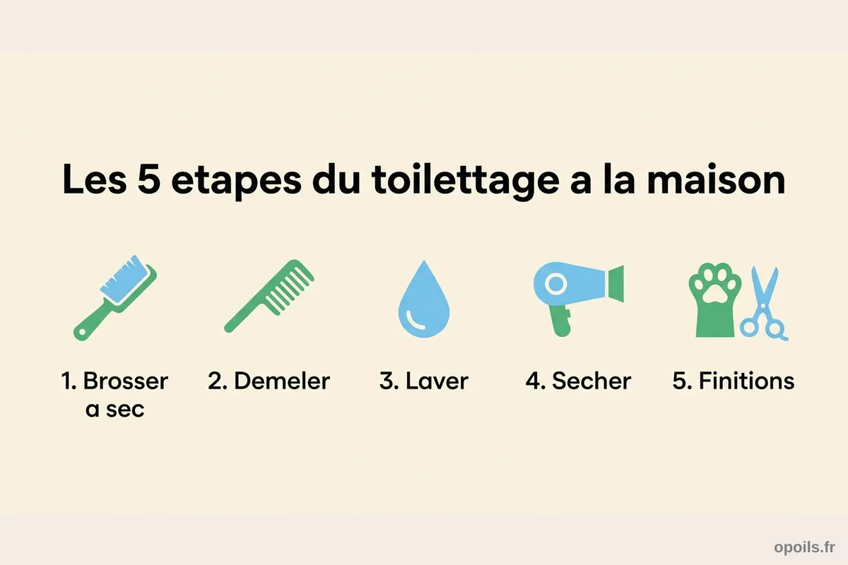 Les 5 étapes du toilettage du chien à la maison Infographie des 5 étapes du toilettage du chien à la maison : brosser, démêler, laver, sécher, finitions