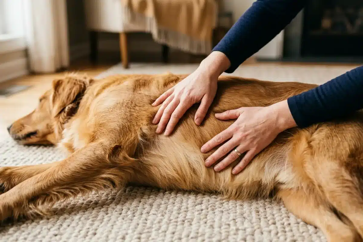 Palpation des côtes pour évaluer le poids du chien Mains palpant le flanc et les côtes d'un chien brun sur un tapis beige