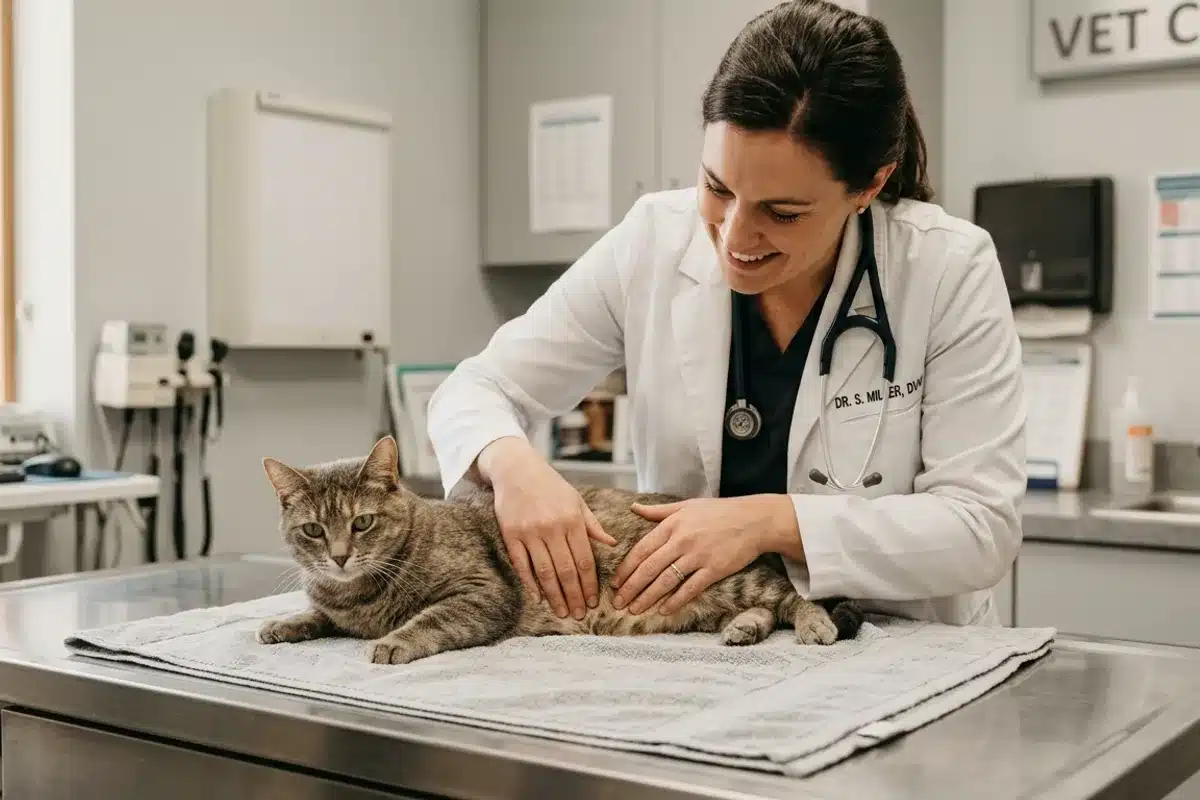 Examen vétérinaire d'un chat pour diarrhée Vétérinaire en blouse blanche examinant un chat calme sur une table d'examen vétérinaire