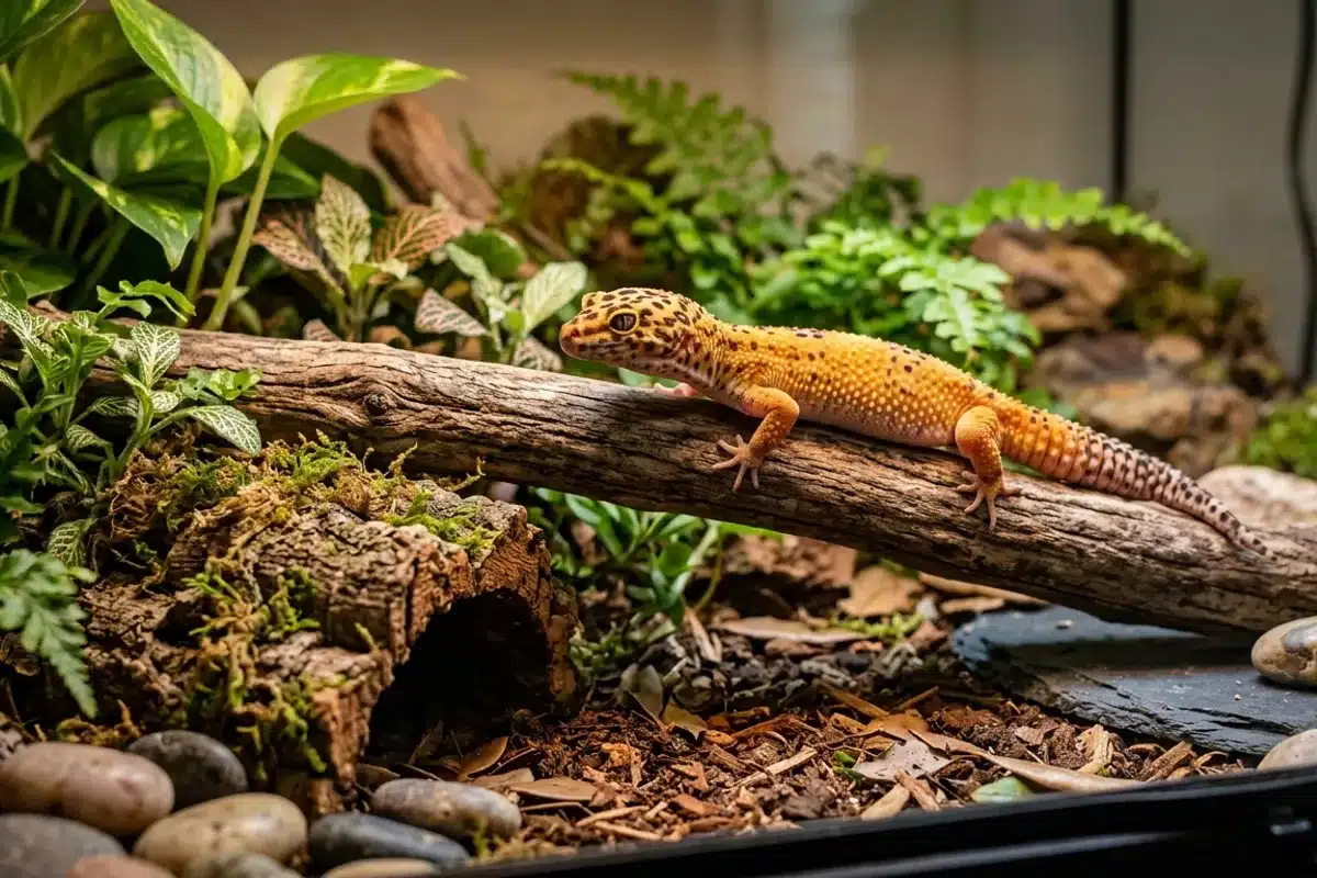 Gecko leopard en terrarium, NAC reptile Gecko leopard dans un terrarium amenage, exemple de nouvel animal de compagnie reptile