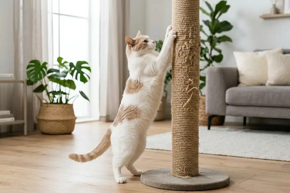 Chat qui utilise un griffoir en sisal Chat blanc utilisant un griffoir en sisal vertical, griffes dans la corde de sisal