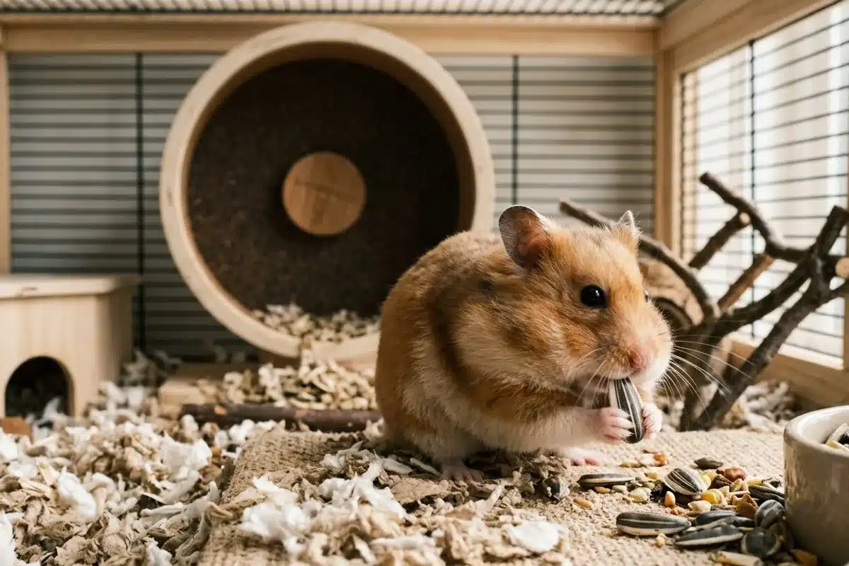 Hamster doré dans sa cage Hamster doré grignotant une graine dans sa cage équipée d'une roue