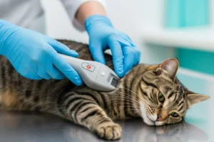 Veterinaire identifiant un chat avec un lecteur de puce electronique, identification chien chat