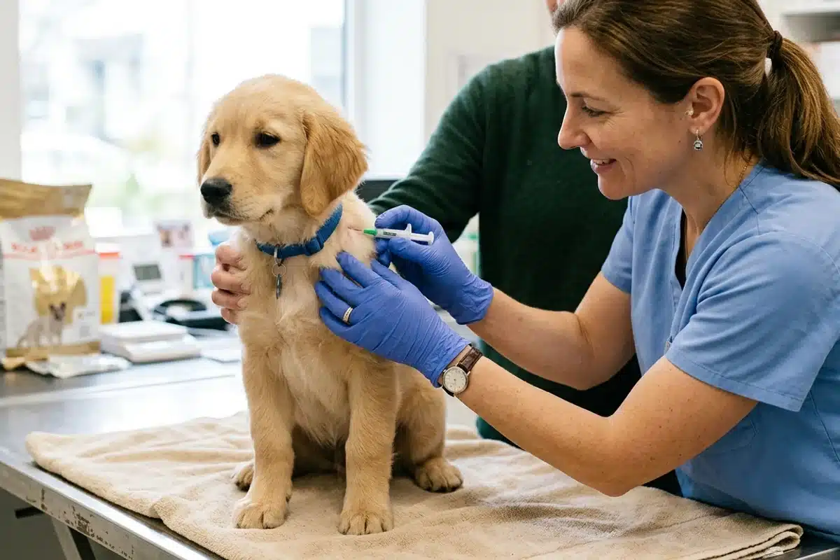 Identification du chien : pose de la puce électronique par le vétérinaire Vétérinaire posant une puce électronique sous la peau de l'encolure d'un jeune chien