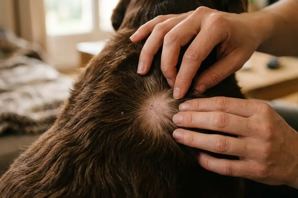 Inspection du pelage d'un chien à la recherche de parasites Mains écartant les poils d'un chien pour inspecter la peau et repérer tiques ou puces