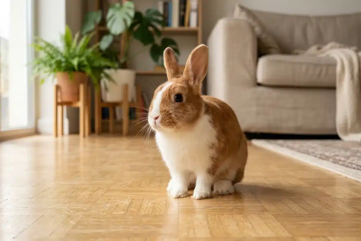 Lapin nain, petit compagnon de compagnie Lapin nain roux et blanc assis dans un salon lumineux