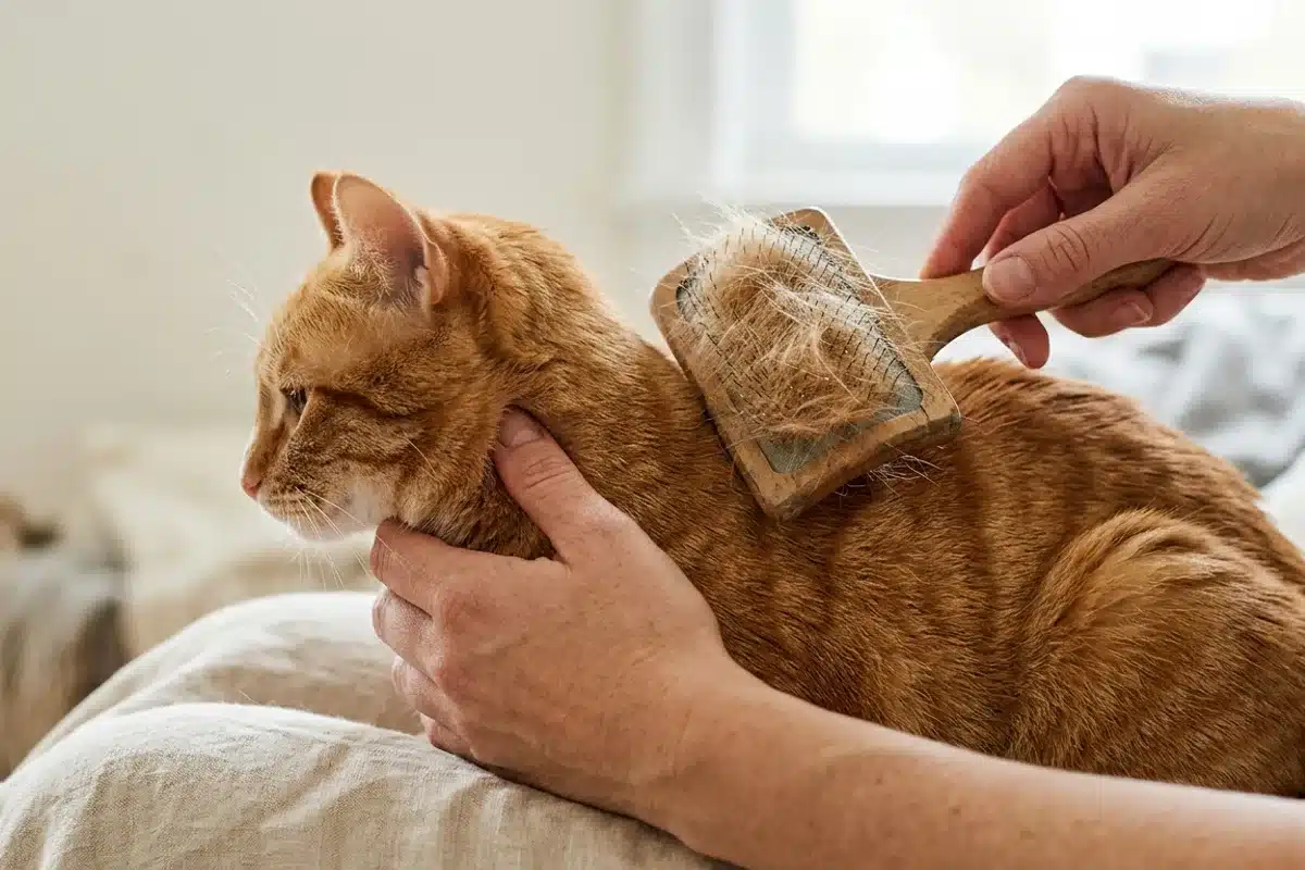 Brossage d'un chat roux pendant la période de mue Mains brossant le dos d'un chat roux, brosse chargée de poils récoltés pendant la mue